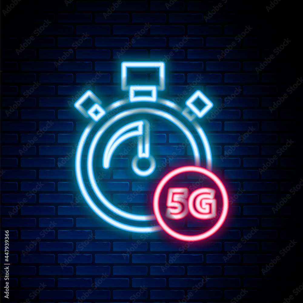 Glowing neon line Digital speed meter concept with 5G icon isolated on brick wall background. Global network high speed connection data rate technology. Colorful outline concept. Vector Glowing neon line Digital speed meter concept with 5G icon isolated on brick wall background. Global network high speed connection data rate technology. Colorful outline concept. Vector