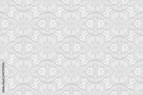 3D volumetric convex embossed geometric white background. Artistic pattern in a unique doodling technique. Ethnic oriental, Asian, Indonesian motives with handmade elements for design and decoration.