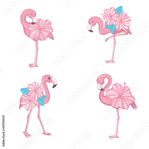 Pink flamingo vector cartoon flat set.
