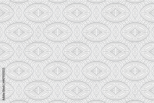 3D volumetric convex embossed geometric white background. Stylish pattern in a unique doodling technique. Ethnic oriental, Asian, Indonesian motives with handmade elements for design and decoration.
