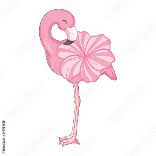 cute flamingo and flowers with leaves, children's print tropical design, flamingo on white background. © Vladimir