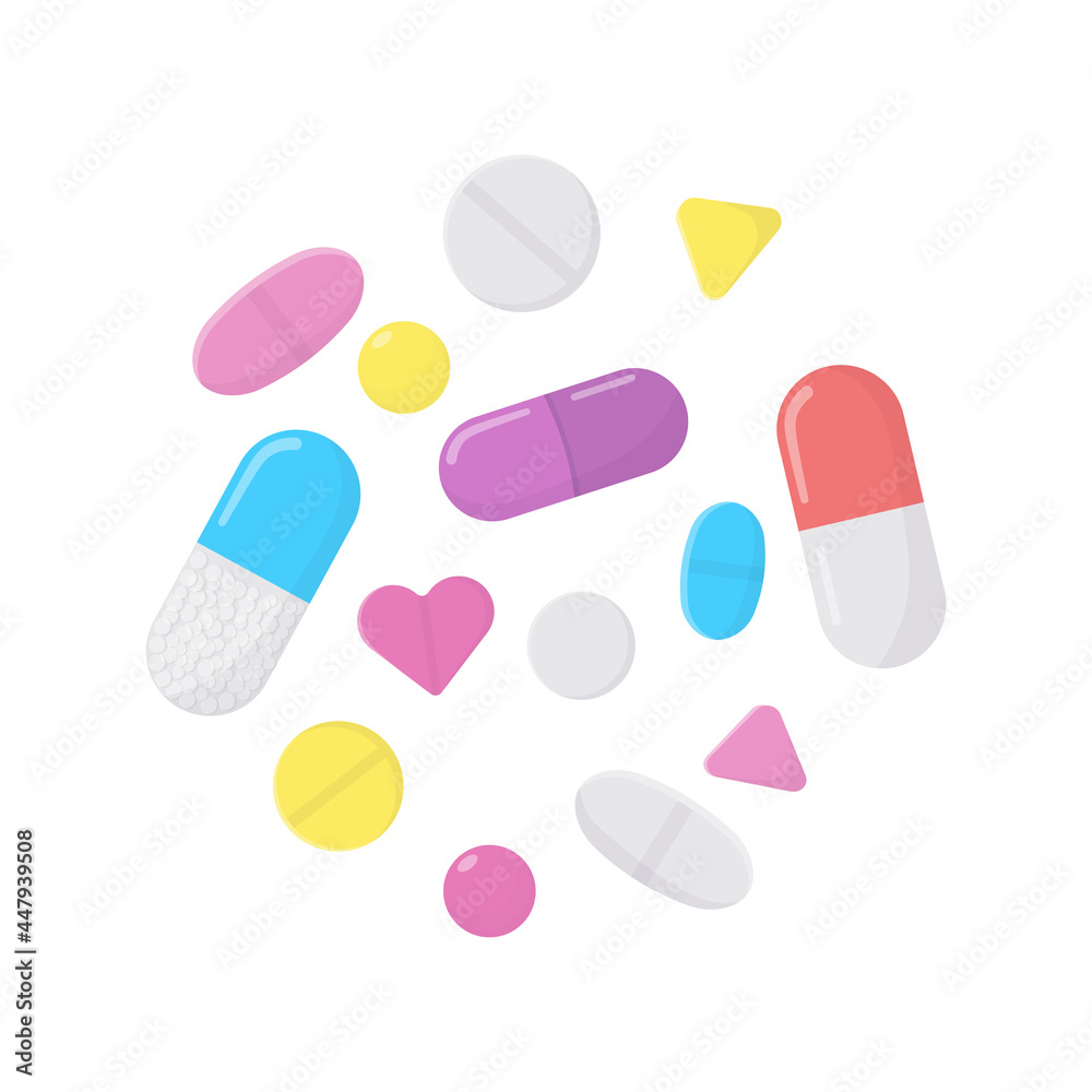 Set of cartoon pills isolated on white background. Vector illustration. Set of cartoon pills isolated on white background. Vector illustration.