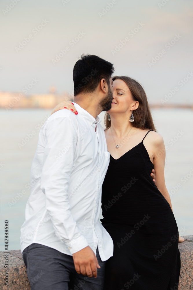 love story of young hindu guy and european beautiful girl at dawn