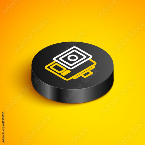 Isometric line Action extreme camera icon isolated on yellow background. Video camera equipment for filming extreme sports. Black circle button. Vector