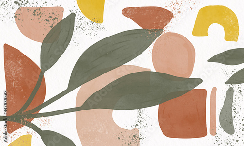Watercolor art background. Paint brush wallpaper design with leaves. Seamless watercolor Illustration for prints, wall art, cover and invitation cards.