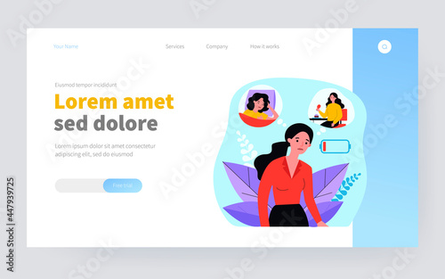 Tired woman feeling low lying level. Out of battery, bad eating and sleeping flat vector illustration. Burnout, unhealthy lifestyle, fatigue concept for banner, website design or landing web page