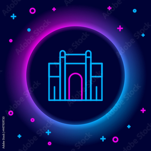 Glowing neon line India Gate in New Delhi, India icon isolated on black background. Gate way of India Mumbai. Colorful outline concept. Vector