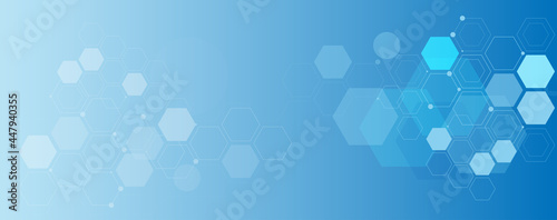 Geometric abstract background with blue hexagons. Structure molecule and communication. Science, technology and medical concept. Vector illustration