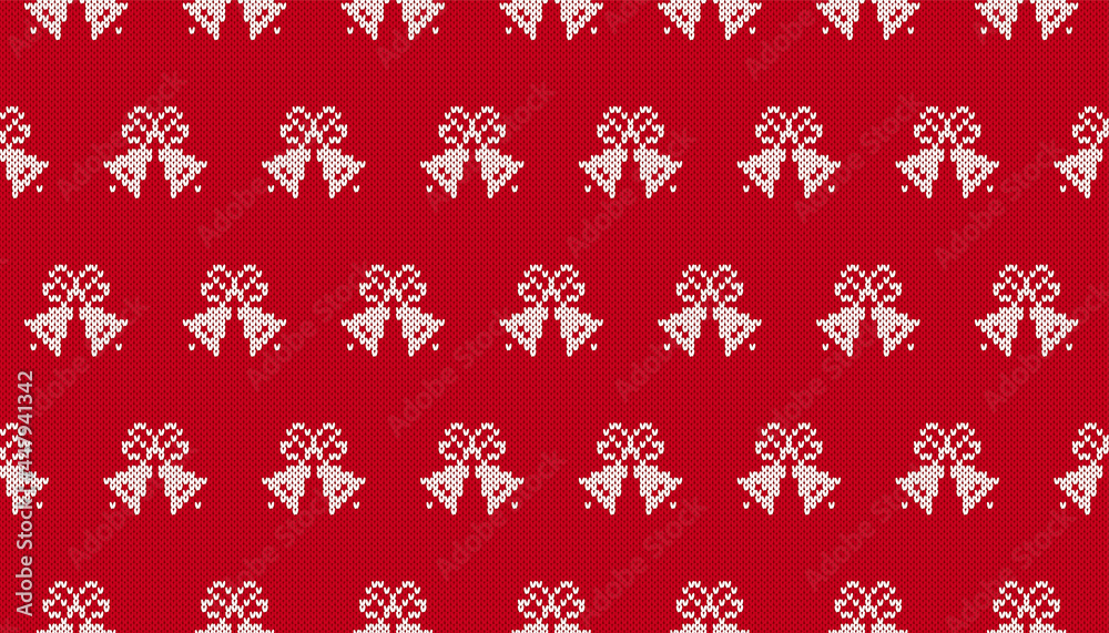 Xmas knit pattern. Seamless print with Christmas bells. Red knitted sweater texture. Festive traditional background. Fair isle holiday ornament. Vector illustration. Xmas knit pattern. Seamless print with Christmas bells. Red knitted sweater texture. Festive traditional background. Fair isle holiday ornament. Vector illustration.