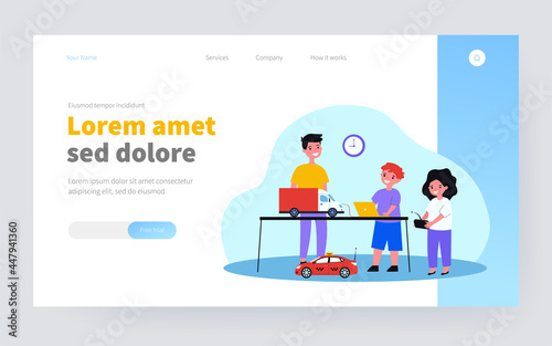 Children programming radio-controlled toy cars. Computer, remote control, playing kids flat vector illustration. Childhood or robotics class concept for banner, website design or landing web page
