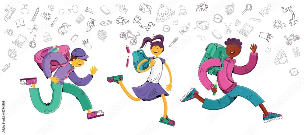 Happy and cheerful children. Boys and a girl of different nationalities in bright clothes run to school or from school. School supplies. All objects are separated. Vector illustration. Hand-drawn.