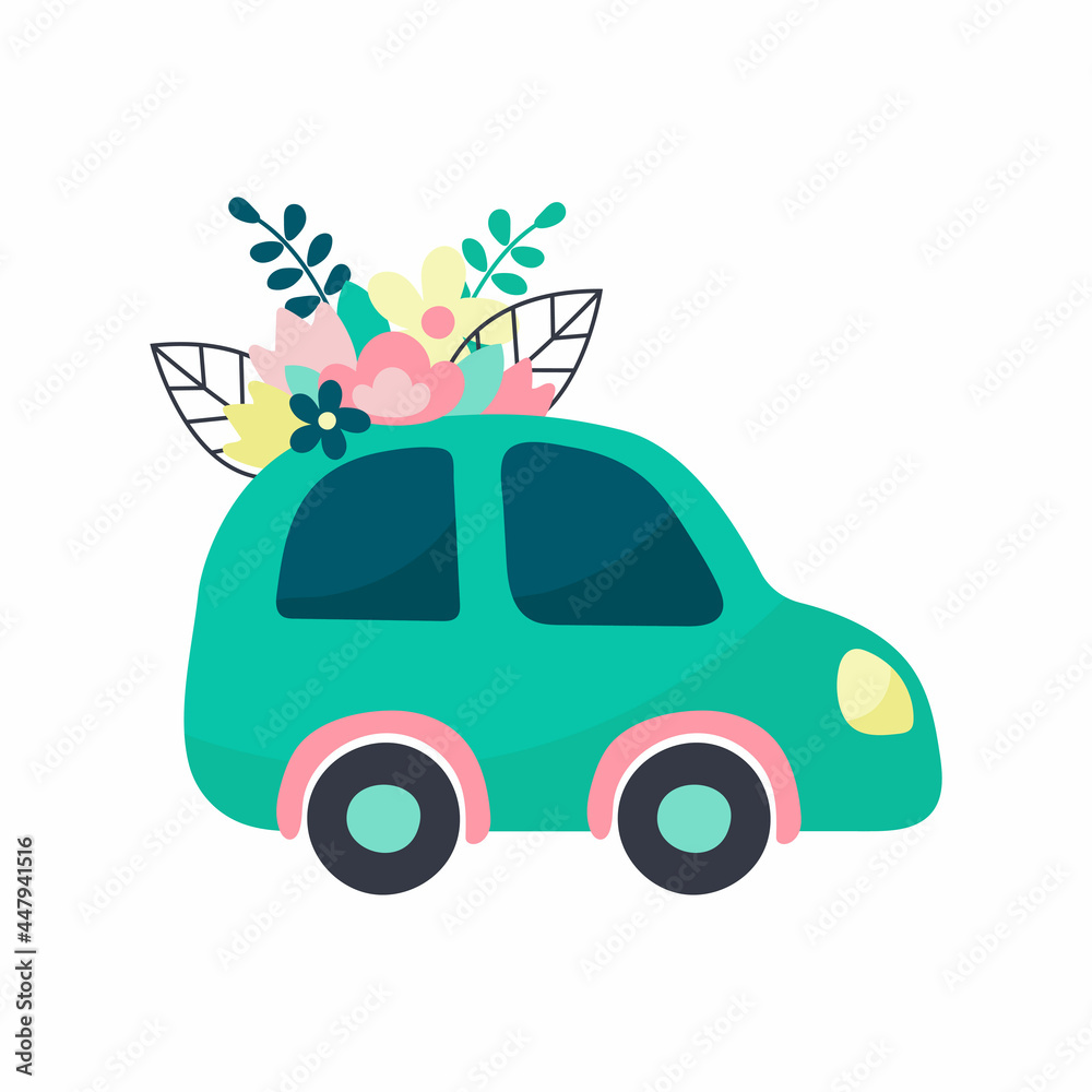 Cute car with flowers isolated on white background. Vector illustration