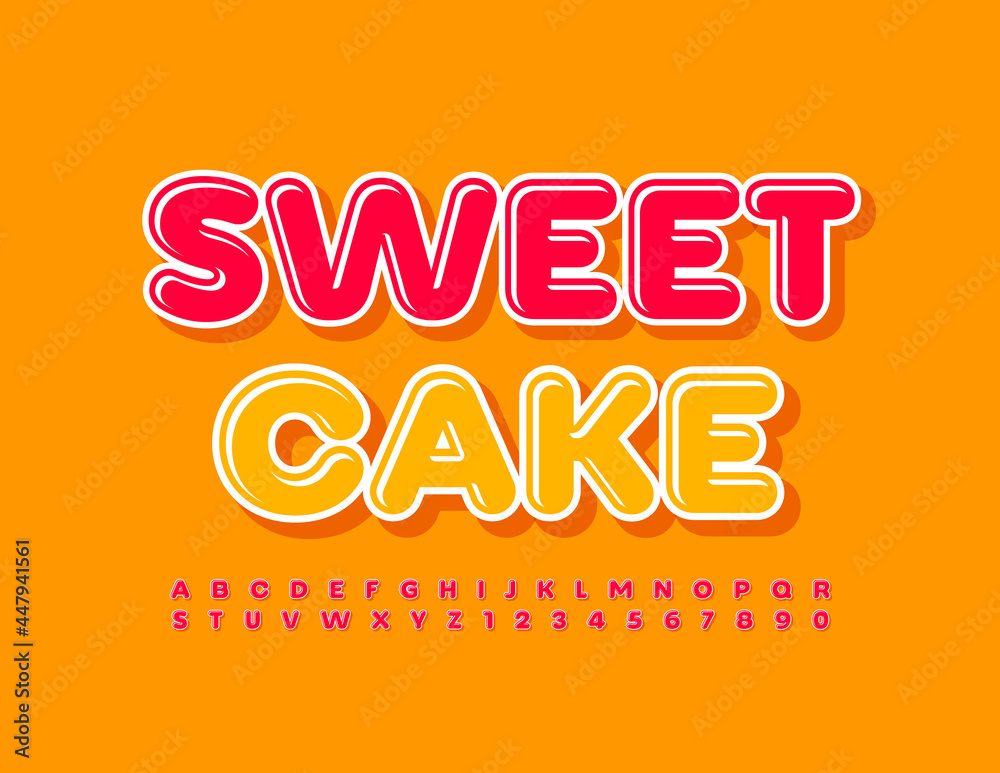 Vector tasty emblem Sweet Cake. Glossy Yellow Font. Bright Alphabet Letters and Numbers set