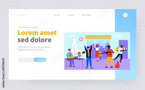 Armed robbers taking hostages and robbing office. Criminals in balaclavas aiming guns, carrying bags flat vector illustration. Robbery, crime concept for banner, website design or landing web page
