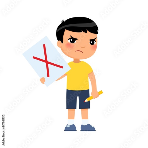 Disgruntled little Asian boy drew a red cross on the paper, symbol of rejection. Protesting child, psychology. Cartoon character