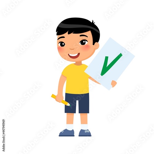Joyful Asian child holds a paper with a check mark - a symbol of approval. Cartoon character