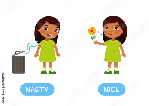 Awful and nice antonyms word card vector template, Opposites concept. Flashcard for English language learning. Little Indian girl does not like the bad smell from the trash can,  Dark skin child sniff