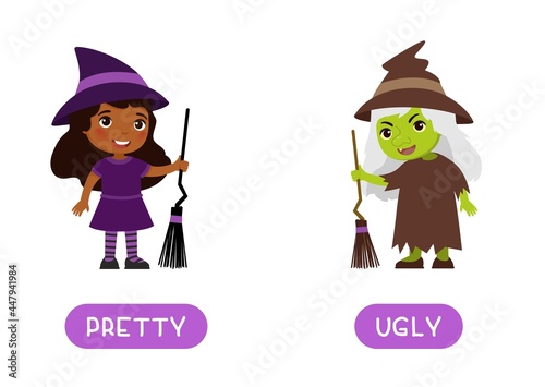 UGLY and PRETTY antonyms word card, Opposites concept. Flashcard for English language learning.  Cute African girl in Halloween witch costume, old ugly witch with green skin