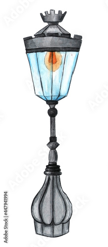 Classic street light, lamp or lanterns. Hand drawn illustration isolated on the white background 