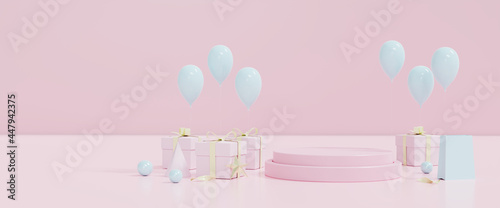 Abstract mock up event scene pastel color. Pink podium with gift and balloon background. Minimal pink pastel stage. 3d render.  © jesada