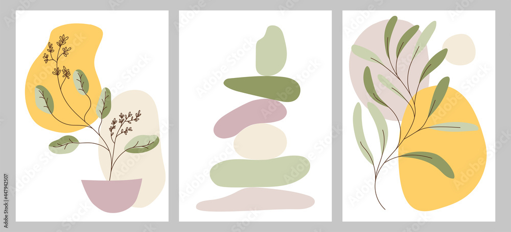 Set of creative minimalist hand painted illustrations with decorative branches and leaves and abstract color spots. For postcard, poster, poster, brochure, cover design.