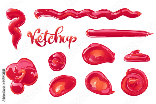 Tomato ketchup splashes, stains and drops set. Red food condiment. Vector elements in flat cartoon style.