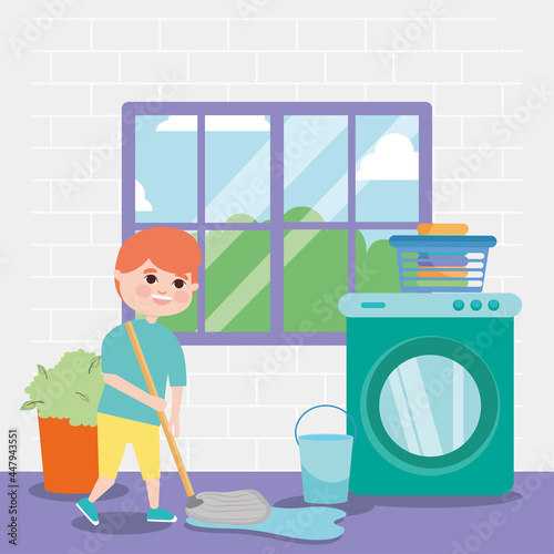 boy mopping and cleaning supplies
