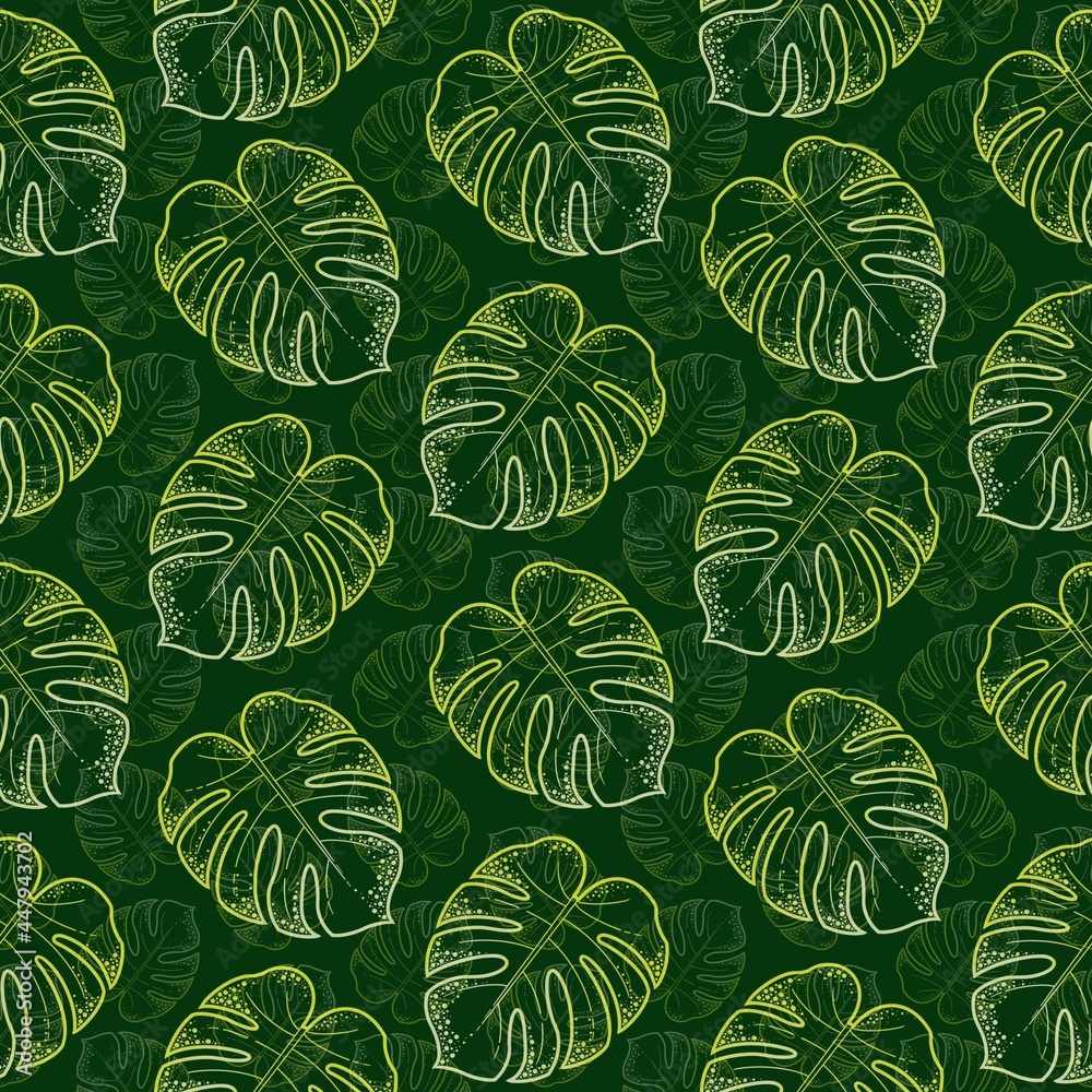 Golden linear monstera leaves on a dark green background