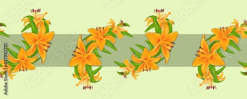 Seamless pattern  edge  border. A bouquet of orange lilies on a light green background