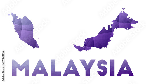 Map of Malaysia. Low poly illustration of the country in a purple geometric design. Polygonal vector illustration.