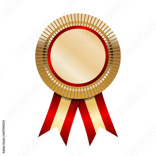 Champion gold medal with red ribbons. Award for victory. Best quality guaranteed golden label, vector illustration