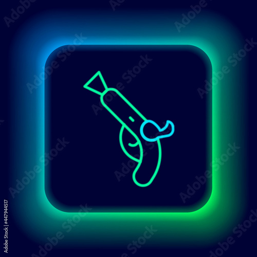 Glowing neon line Vintage pistols icon isolated on black background. Ancient weapon. Colorful outline concept. Vector