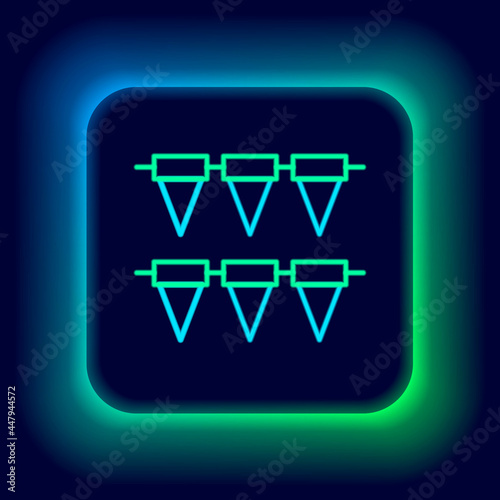 Glowing neon line Carnival garland with flags icon isolated on black background. Party pennants for birthday celebration, festival decoration. Colorful outline concept. Vector