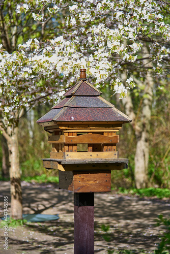 Japanese-style bird feeder in the spring park.