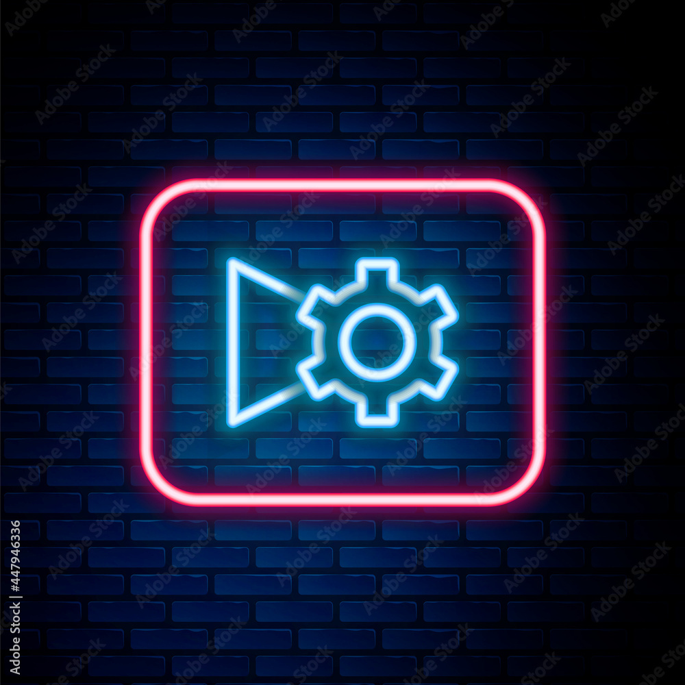 Glowing neon line Music or video settings button icon isolated on brick wall background. Colorful outline concept. Vector Glowing neon line Music or video settings button icon isolated on brick wall background. Colorful outline concept. Vector