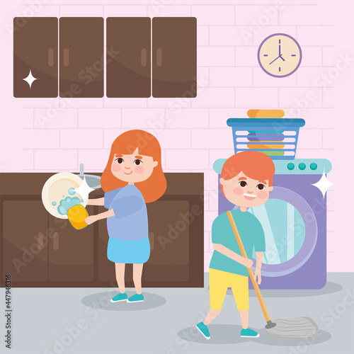 girl and boy cleaning