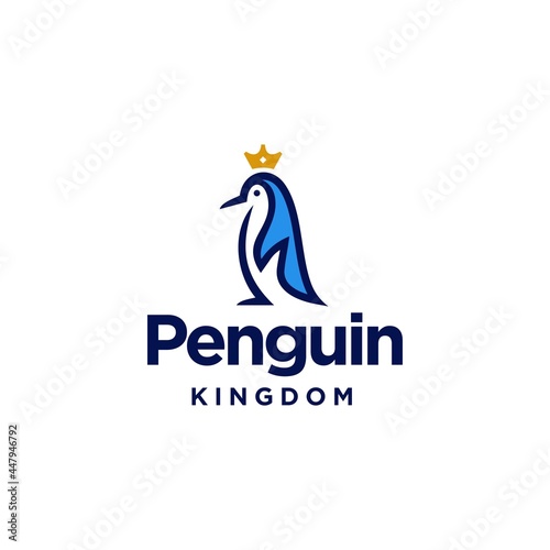 penguin emperor logo concept, blue penguin line with gold crown icon 