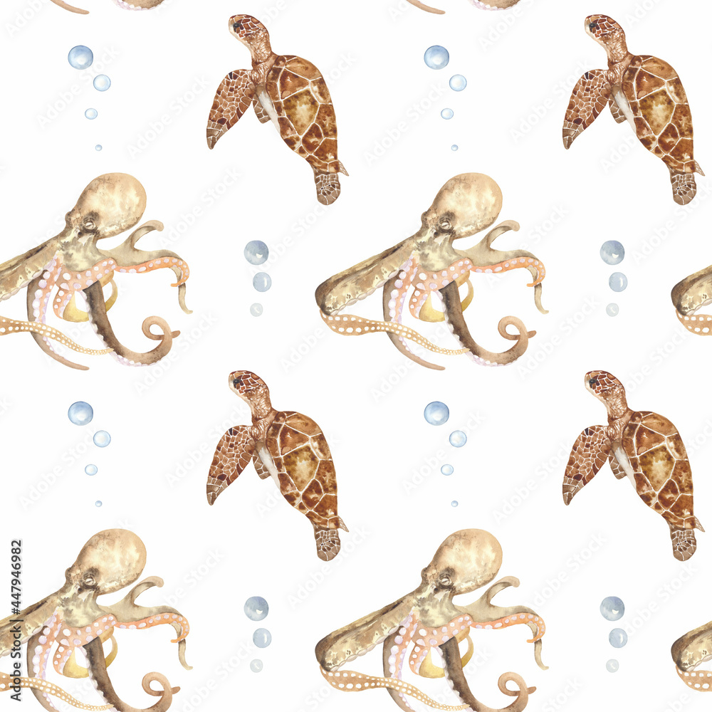 Watercolor seamless digital paper with sea turtle and octopus. Perfect for printing, textile, web design, scrapbooking, souvenir products. Watercolor seamless digital paper with sea turtle and octopus. Perfect for printing, textile, web design, scrapbooking, souvenir products.