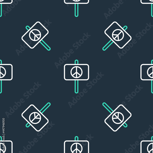 Line Peace icon isolated seamless pattern on black background. Hippie symbol of peace. Vector