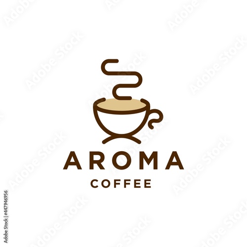 Aroma coffee tea morning line outline logo with mug cup and smoke hipster logo icon design for cafe , restaurant cafetaria illustration