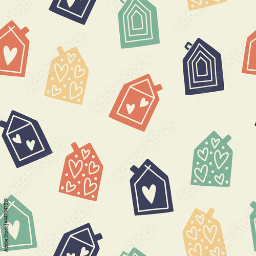 Trendy seamless pattern with original cute cartoon houses in a modern retro style. Vector illustration isolated on background. Perfect for fabric print, invitation, design