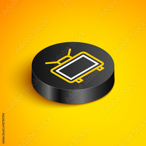 Isometric line Football soccer match on TV icon isolated on yellow background. Football online concept. Black circle button. Vector