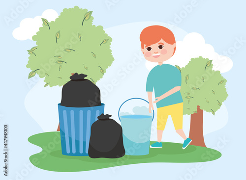 boy bucket and garbage bags