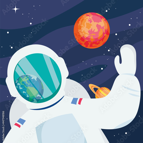 Astronaut seeing earth and mars