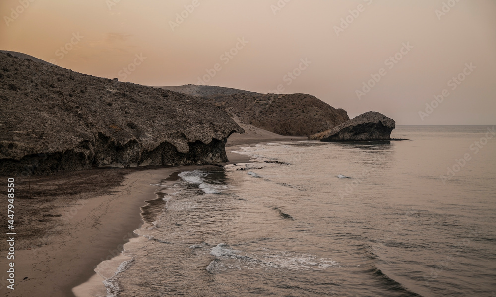 Landscape of Monsul Beach in Cabo de gata, Almeria, Spain, during sunrise