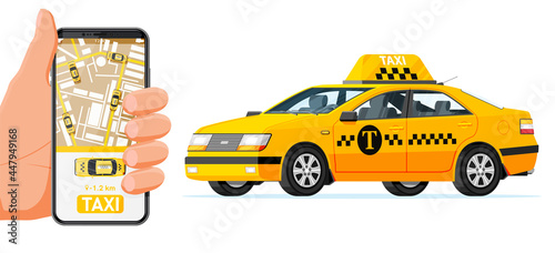 Hand Holding Smartphone with Taxi Application on Screen. Taxi Car Isolated on White Background. Booking Taxi Online Concept. Taxi app or Service. Yellow Car and Smartphone. Flat Vector Illustration