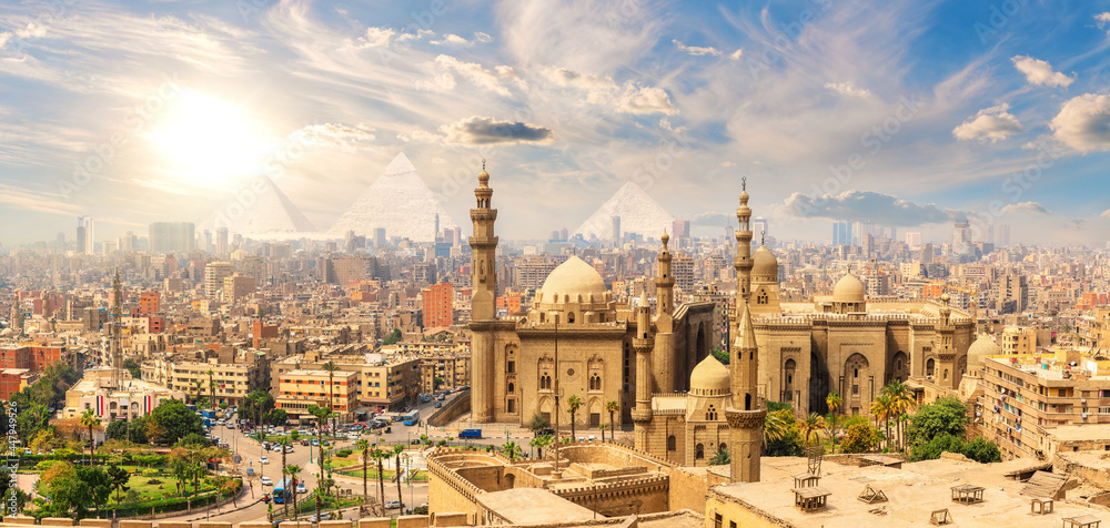 Mosque-Madrasa of Sultan Hassan, beautiful panorama of Cairo landmarks, Egypt
