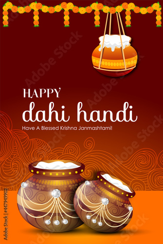 Celebrating happy Janmashtami festival of India with llustration of Lord Krishna and dahi handi competition with text in Hindi meaning 'Krishan Janmashtami'- vector background