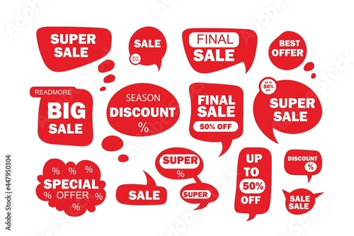 Sale. Discounts. A set of 14 stickers for promotions. Banners of red color isolated on white background. All objects are separated. Vector illustration