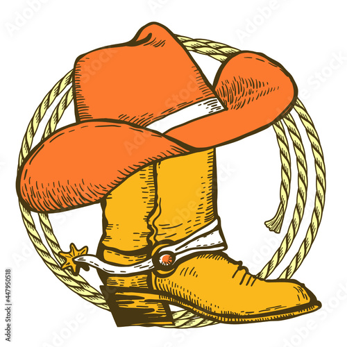 Cowboy boots , cowboy hat and lasso. Vector American style vintage illustration of Cowboy Ranch Concept isolated on white.